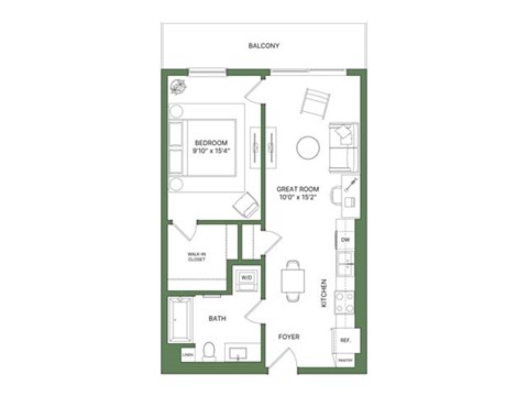 Floor plan for 1 bed, 1 bath, 676 sqft