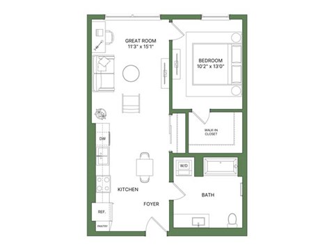 Floor plan for 1 bed, 1 bath, 746 sqft