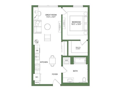 Floor plan for 1 bed, 1 bath, 746 sqft