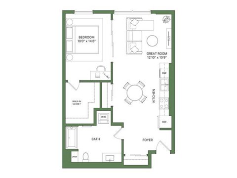 Floor plan for 1 bed, 1 bath, 753 sqft