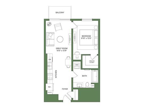 Floor plan for 1 bed, 1 bath, 627 sqft