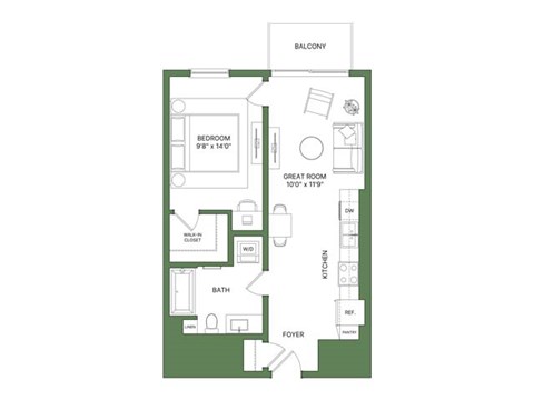 Floor plan for 1 bed, 1 bath, 627 sqft