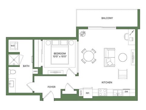 Floor plan for 1 bed, 1 bath, 726 sqft