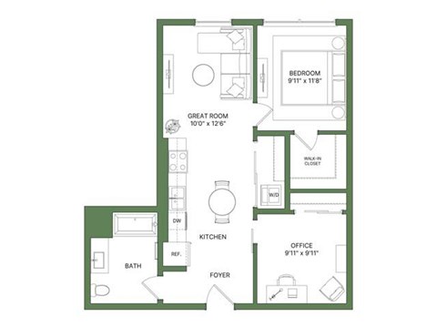Floor plan for 1 bed, 1 bath, 771 sqft