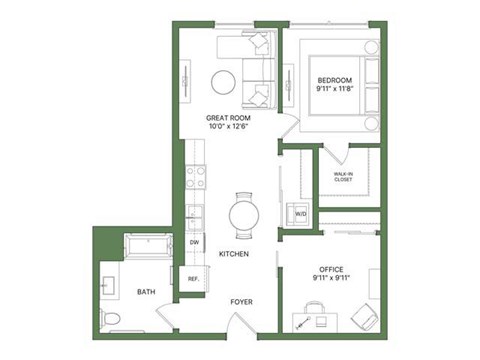Floor plan for 1 bed, 1 bath, 771 sqft