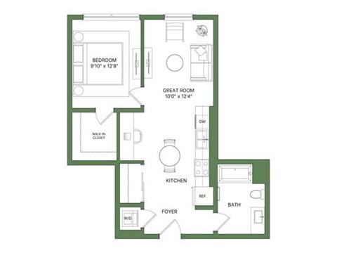 Floor plan for 1 bed, 1 bath, 691 sqft
