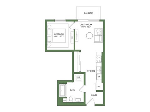 Floor plan for 1 bed, 1 bath, 544 sqft