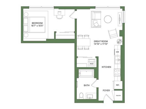 Floor plan for 1 bed, 1 bath, 589 sqft