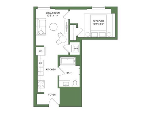 Floor plan for 1 bed, 1 bath, 555 sqft