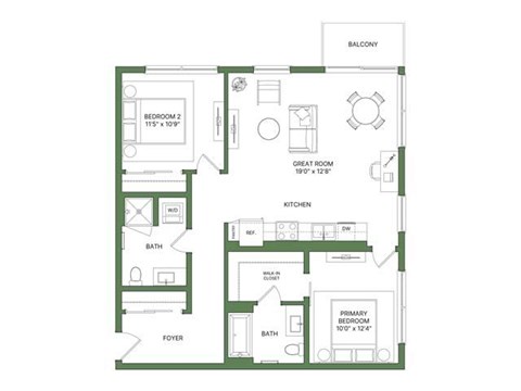Floor plan for 2 beds, 2 baths, 1059 sqft