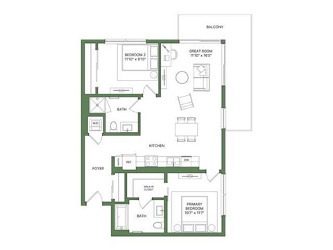 Floor plan for 2 beds, 2 baths, 1012 sqft