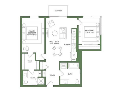 Floor plan for 2 beds, 2 baths, 1028 sqft