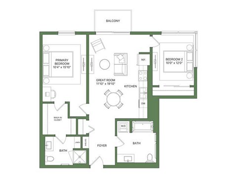Floor plan for 2 beds, 2 baths, 1028 sqft