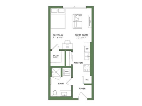 Floor plan for studio, 1 bath, 481 sqft