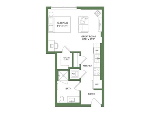 Floor plan for studio, 1 bath, 511 sqft