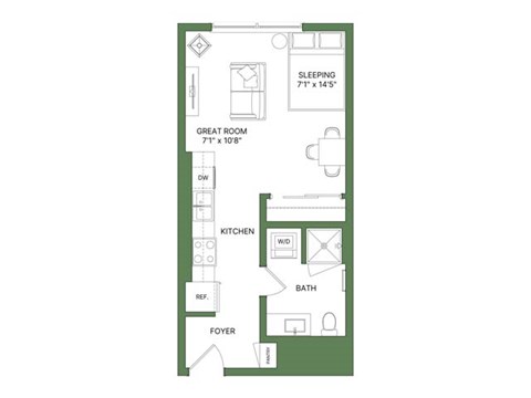 Floor plan for studio, 1 bath, 454 sqft