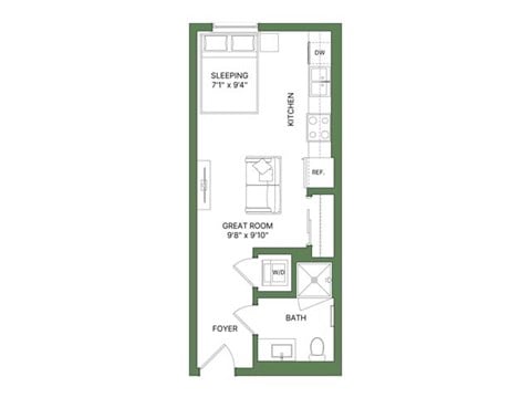 Floor plan for studio, 1 bath, 437 sqft