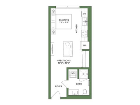 Floor plan for studio, 1 bath, 421 sqft