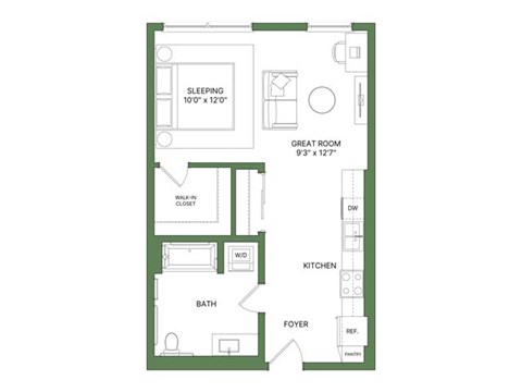 Floor plan for studio, 1 bath, 649 sqft
