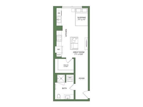 Floor plan for studio, 1 bath, 540 sqft