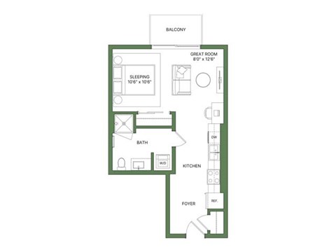 Floor plan for studio, 1 bath, 532 sqft