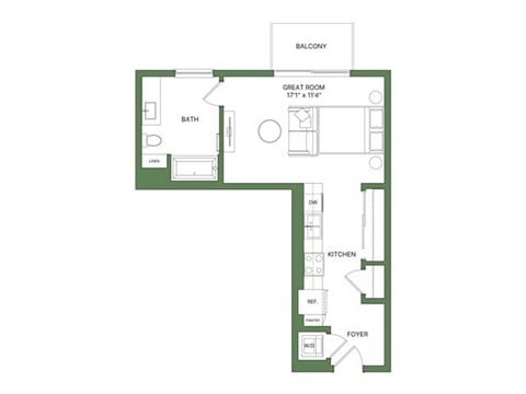 Floor plan for studio, 1 bath, 519 sqft
