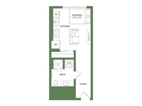 Floor plan for studio, 1 bath, 401 sqft