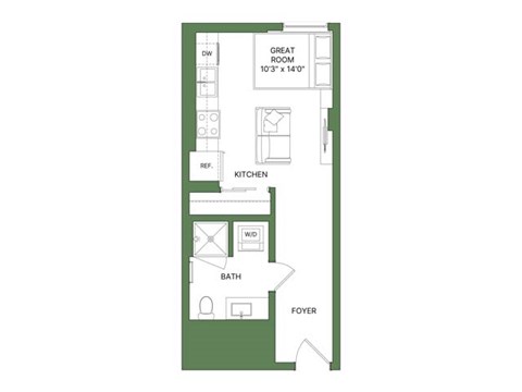 Floor plan for studio, 1 bath, 407 sqft