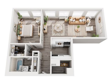 Floor plan for 1 bed, 1 bath, 732 sqft