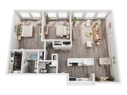 Floor plan for 2 beds, 2 baths, 1040 sqft