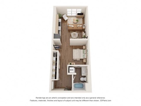 Floor plan for studio, 1 bath, 630 sqft