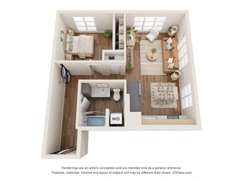 Floor plan for 1 bed, 1 bath, 741 sqft