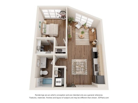 Floor plan for 1 bed, 1 bath, 659 sqft