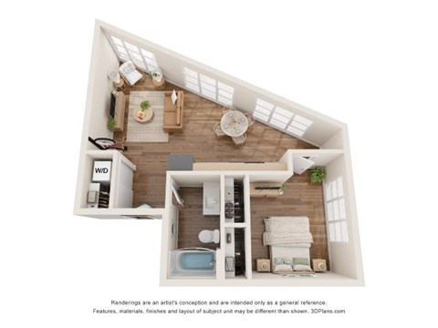 Floor plan for 1 bed, 1 bath, 661 sqft