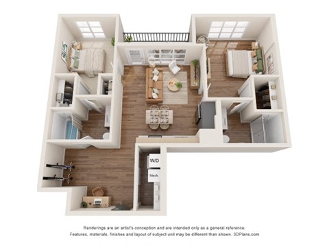 Floor plan for 2 beds, 2 baths, 1072 sqft