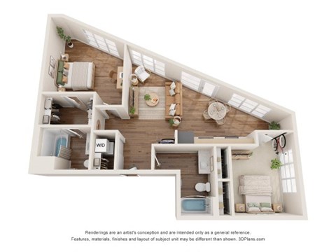 Floor plan for 2 beds, 2 baths, 1069 sqft