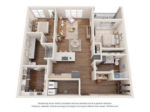 Floor plan for 2 beds, 2 baths, 1239 sqft