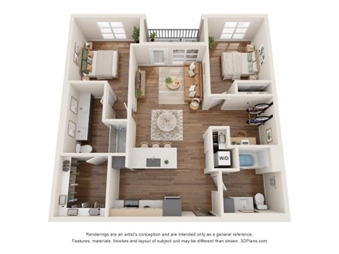 Floor plan for 2 beds, 2 baths, 1154 sqft