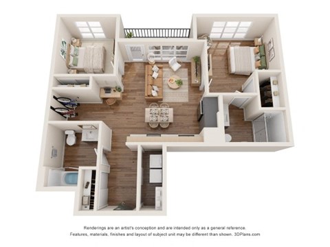 Floor plan for 2 beds, 2 baths, 1072 sqft