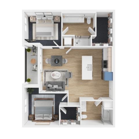 Floor plan for 2 beds, 2 baths, 1043 sqft