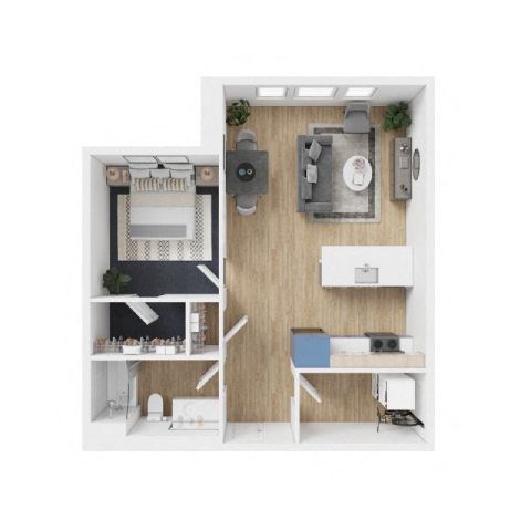 Floor plan for 1 bed, 1 bath, 764 sqft