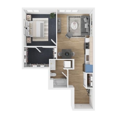 Floor plan for 1 bed, 1 bath, 728 sqft