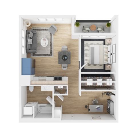 Floor plan for 1 bed, 1 bath, 781 sqft