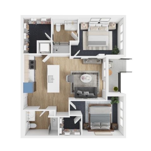 Floor plan for 2 beds, 2 baths, 1031 sqft