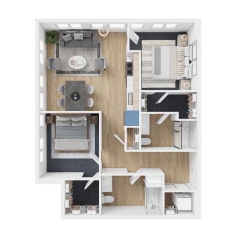 Floor plan for 2 beds, 2 baths, 1047 sqft