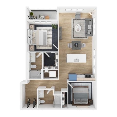 Floor plan for 2 beds, 2 baths, 1077 sqft