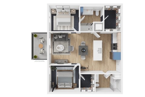 Floor plan for 2 beds, 2 baths, 1028 sqft
