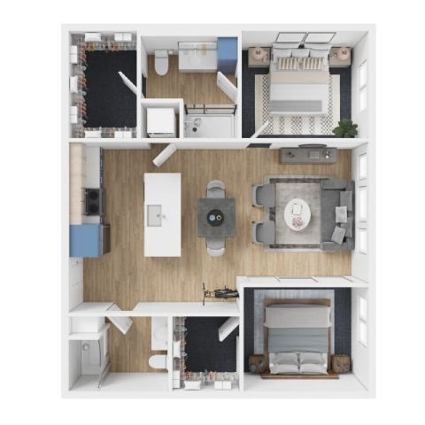 Floor plan for 2 beds, 2 baths, 1049 sqft