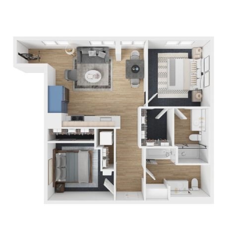 Floor plan for 2 beds, 2 baths, 901 sqft