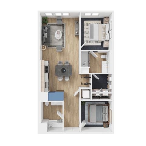 Floor plan for 2 beds, 2 baths, 978 sqft